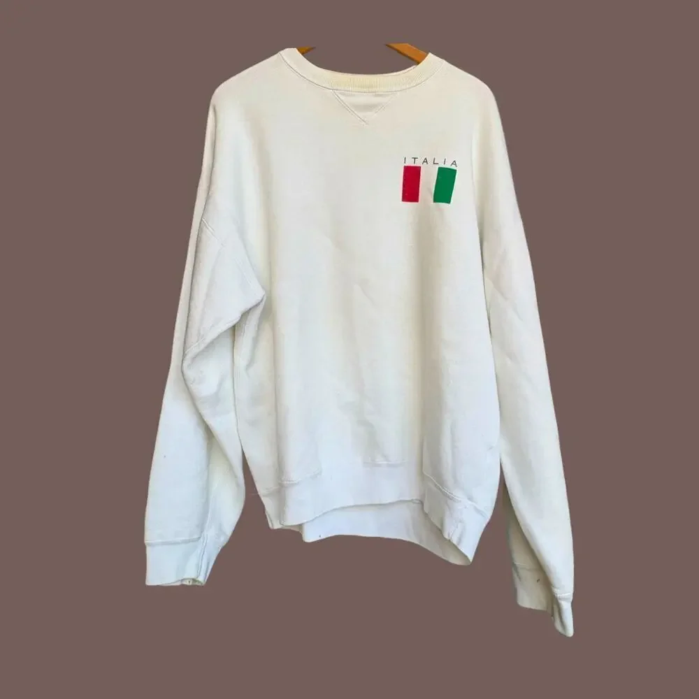 Italia Flag Sweatshirt | White Cotton Blend | Size L | Vintage